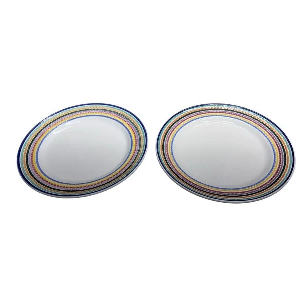 Pier 1 PER6 Pattern Set 2 Stoneware Dinner Plates Rainbow Color Bands Italy